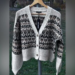 Steve Madden Raegan Cardigan Women’s Sweater Cream & Brown Pattern Size Large